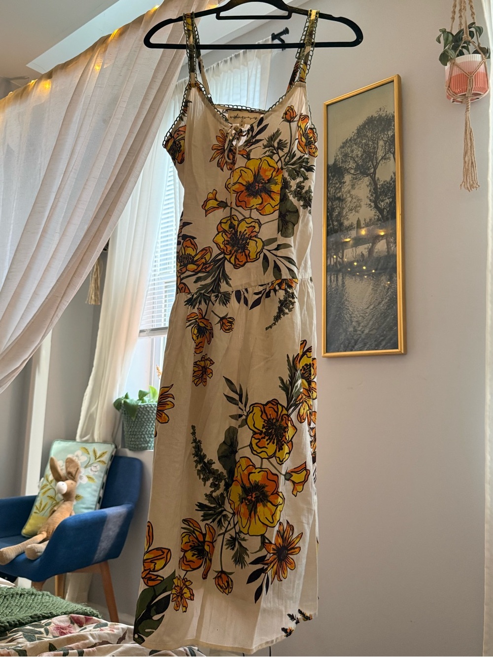 100 % cotton Cream Floral Maxi Dress with Yellow & Green Print